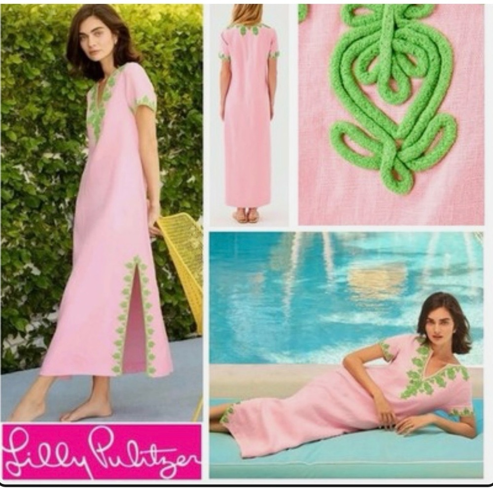 Lilly Pulitzer Pink Maxi Linen Caftan Ariella Green Embroidery - Picture 4 of 17